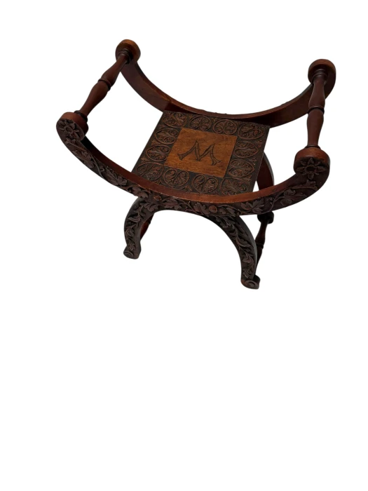 Art Nouveau Walnut Savonarola Hand-Carved Stool, 1900s